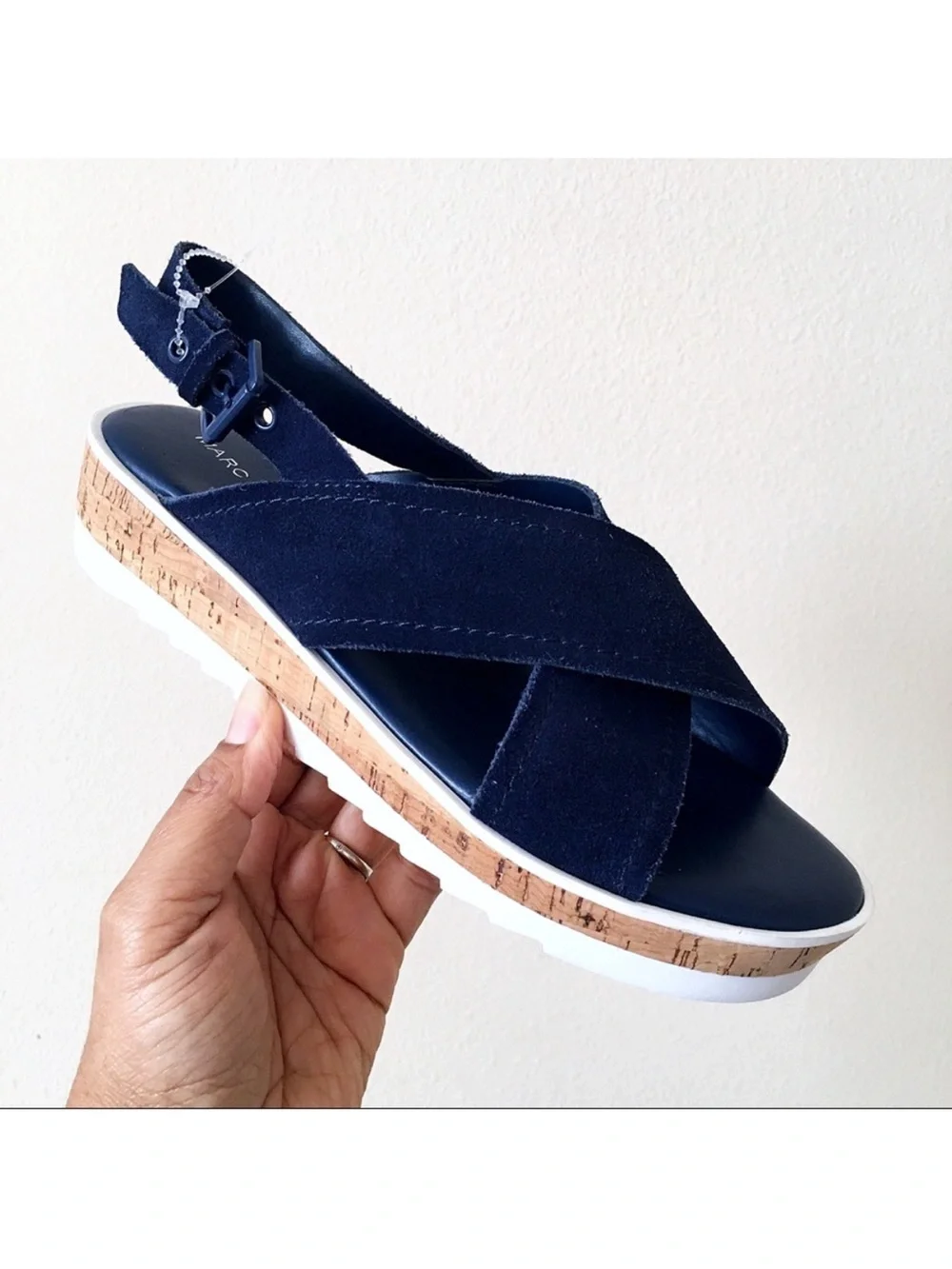 Marc Fisher Glitze Wedge Sport Lug Sole Navy Cross‑Strap Cork Platform Sandals